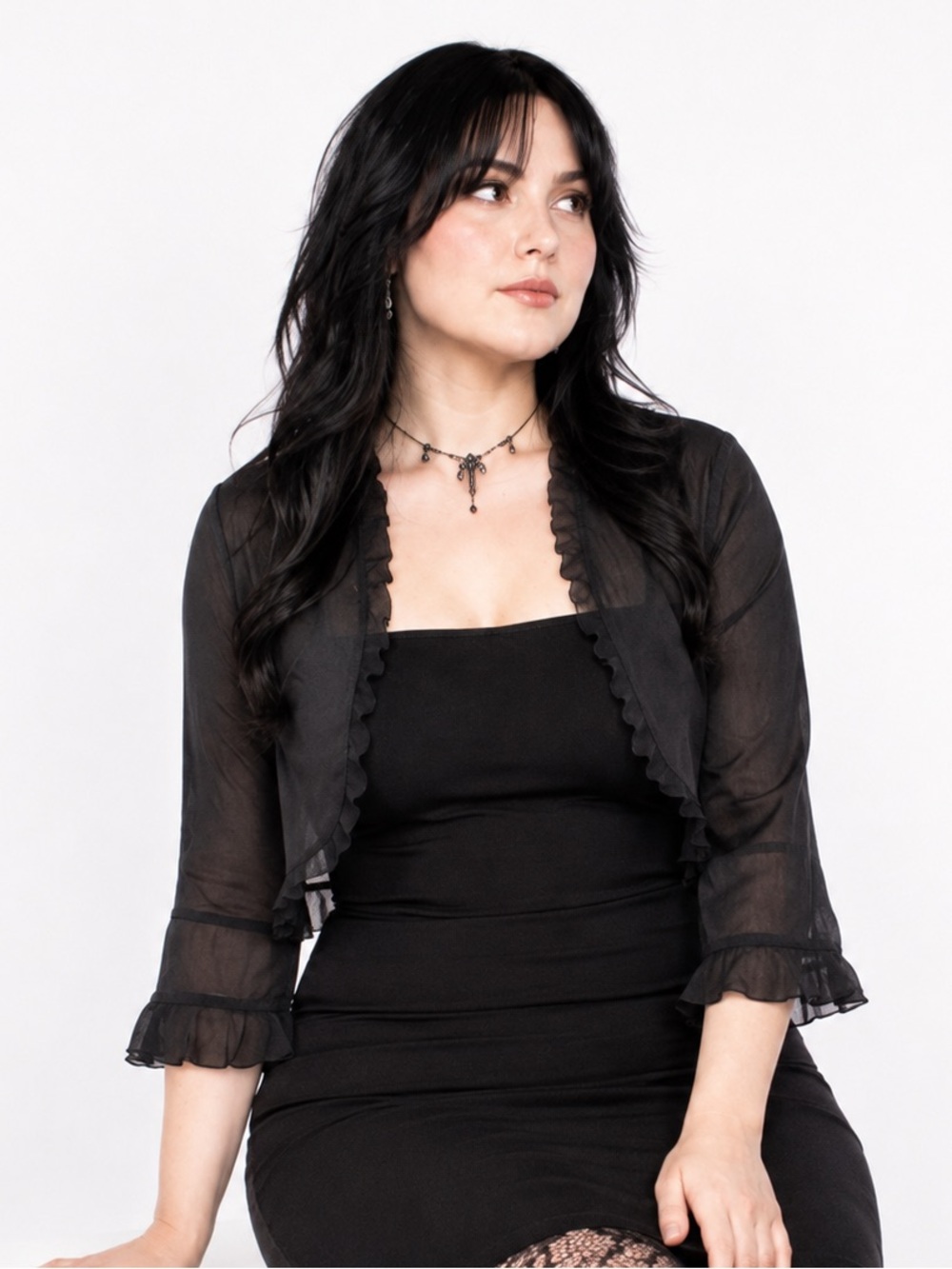Y2K Black Sheer Striped Ruffle Bolero Shrug Gothic Fairy Whimsigoth - Picture 2 of 15